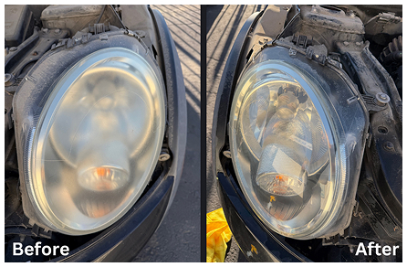 Befor and after restoration shots of a vehicle headlight